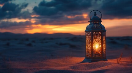 Poster - A decorative lantern shining in the desert at dusk, casting a warm, inviting glow against the desert landscape.