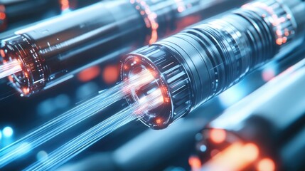 Poster - A detailed image of high-speed fiber optic cables, light signals traveling through them, showcasing advanced technology and fast data flow.