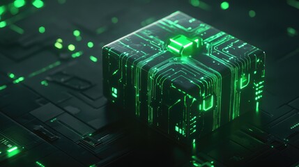 Poster - A digital circuit-patterned gift box with glowing green accents, showcasing a futuristic design against a high-tech backdrop.