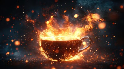 Poster - A dramatic coffee cup explosion with glowing sparks and fiery energy radiating from the cup in a dark and intense atmosphere.