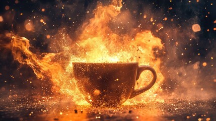 Poster - A dramatic coffee cup explosion with glowing sparks and fiery energy radiating from the cup in a dark and intense atmosphere.