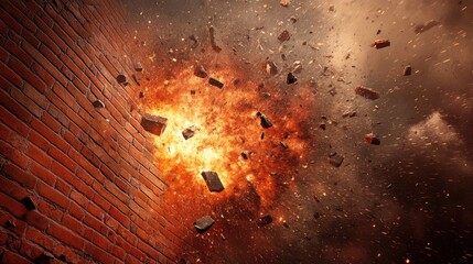 Poster - A dramatic explosion breaking apart a red brick wall, with debris flying and a fiery glow intensifying the impact.