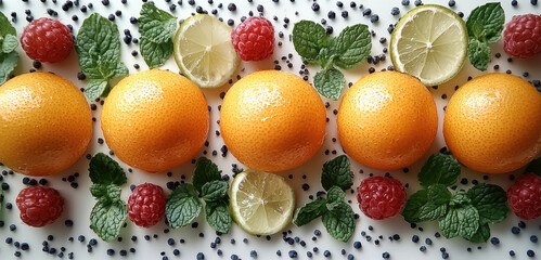 Poster - Fresh oranges, raspberries, and lime slices arranged with mint leaves create vibrant and healthy food display