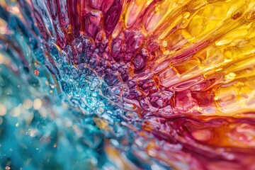Poster - A vibrant abstract macro shot of colorful fluid with rippling textures, creating a mesmerizing blend of blue, pink, and yellow hues with high contrast.