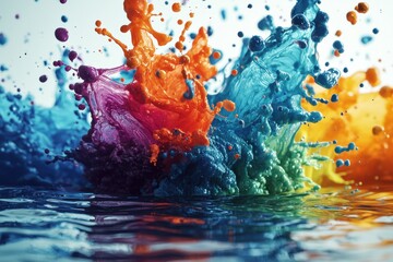 Poster - A dynamic and vibrant explosion of multicolored paint splashing into water, creating a stunning abstract display with droplets and rippling surface. Pure motion!