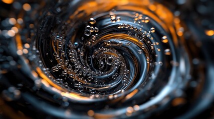 Poster - A dynamic swirl of cola bubbles sparkling and swirling in a vortex motion, set against a dark background for dramatic contrast.
