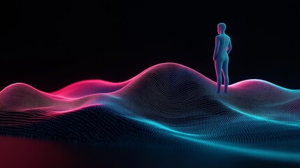 Poster - Futuristic Digital Landscape with Glowing Figure Exploring New Horizons in a Neon Cyberpunk Abstract World Concept and Background