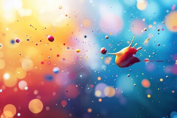 Poster - whimsical bokeh background with vibrant paint droplets suspended mid-air, creating a joyful and dyna