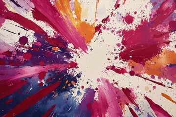 Poster - Vibrant explosion of paint splatters and brushstrokes radiating from a central point, creating an abstract artistic expression on a bright canvas, embodying creativity and energy.