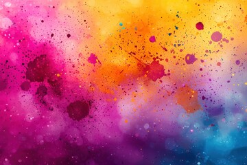 Poster - Vibrant watercolor background with splatters and bokeh effect, blending pink, purple, yellow, and blue hues for a colorful and artistic backdrop, perfect for creative projects.