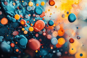 Poster - A mesmerizing abstract composition featuring floating spheres of vibrant blue, orange, and yellow hues, creating a dynamic and textured background with artistic flair.