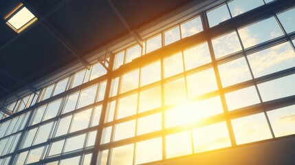 Poster - sunlight streaming through large windows in a modern industrial building at sunset
