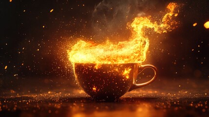 Poster - A fiery explosion erupting from a coffee cup, with dynamic sparks and glowing energy in a dark, moody atmosphere.