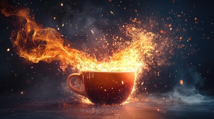 Poster - A fiery explosion erupting from a coffee cup, with dynamic sparks and glowing energy in a dark, moody atmosphere.