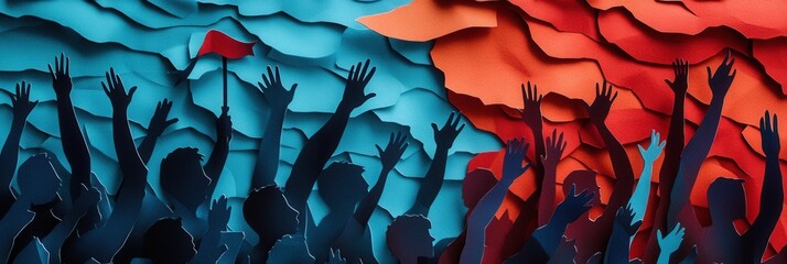 Leinwandbilder - Layered paper art depicting a vibrant crowd raising hands and flags in a bold display of activism and unity Generative AI