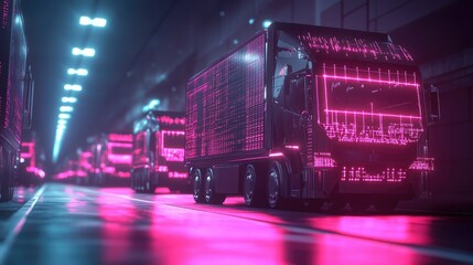 Poster - A fleet of futuristic delivery trucks illuminated by glowing lines and squares, symbolizing advanced connectivity and high-tech transportation in a digital world.