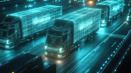 Poster - A fleet of futuristic delivery trucks illuminated by glowing lines and squares, symbolizing advanced connectivity and high-tech transportation in a digital world.