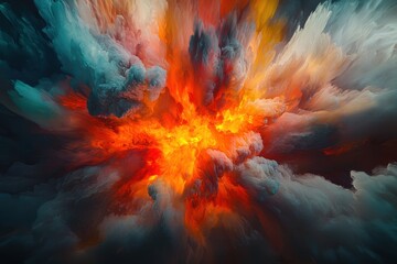 Poster - A vibrant explosion of colorful clouds with a central burst of golden light, creating an abstract and dynamic scene with depth and texture.