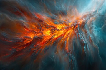 Poster - An abstract fiery cloudscape with vivid orange and blue hues, resembling flames and smoke, creating a dramatic and dynamic swirling composition.