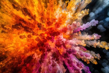 Fototapete - A mesmerizing abstract explosion of vibrant colors, with orange, red, and pink fractal patterns shooting outwards against a dark, bokeh-filled background, creating a surreal and artistic display.