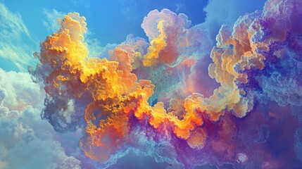 Poster - A futuristic abstract cloud-like formation in vibrant hues, set against a calming blue backdrop, exemplifying digital art styles.