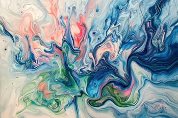 Poster - Fluid abstract art featuring swirling patterns of blue, green, pink, and white, creating a marbled texture with a dreamy, ethereal aesthetic, inviting imagination.