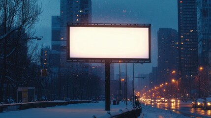 Poster - A glowing blank billboard in a snowy city at dusk, showcasing a clean slate for winter marketing in a beautiful urban setting