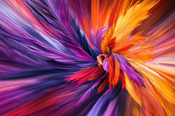 Poster - An abstract explosion of vibrant colors in a feathered pattern with a dynamic swirling motion, creating a striking visual display of modern artistic design and contemporary appeal.
