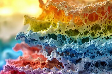 Poster - a vibrant, textured close-up featuring layered porous material in rainbow colors, showing the intric