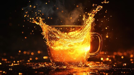 Poster - A glowing liquid splashing from a mug in mid-air, with droplets sparkling in the darkness, creating a striking and dynamic visual.