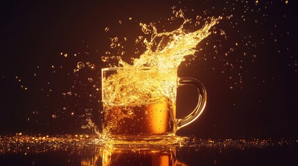 Poster - A glowing liquid splashing from a mug in mid-air, with droplets sparkling in the darkness, creating a striking and dynamic visual.