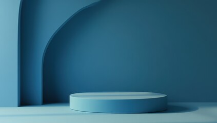 Poster - Serenity in Blue: Minimalist Studio Space with Soft Curves and Round Platform Perfect for Product Display in Artistic Photography