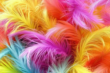 Poster - A vibrant and fluffy array of colorful feathers, creating a soft and whimsical texture in shades of pink, yellow, orange, and blue, providing a cheerful and eye-catching composition.