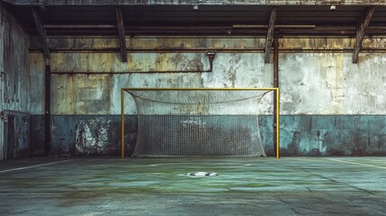 Poster - A grungy, industrial indoor setting with an empty soccer goal, creating a dramatic and gritty sports atmosphere.