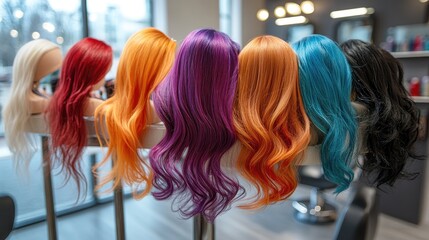 Aufkleber - A hairstylist organizing a collection of bright and colorful wigs on a steel display stand, setting them up in a chic hair salon for client exploration.