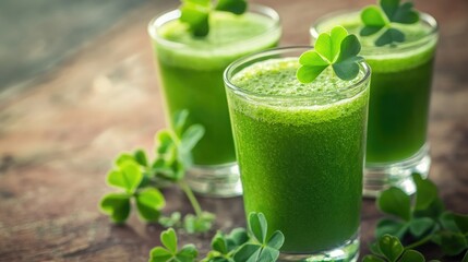 Poster - A healthy and vibrant green juice in clear glasses, garnished with clover leaves, symbolizing fresh, natural nutrition.