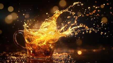 Poster - A high-energy splash of glowing liquid from a mug, captured mid-air with sparkling droplets against a dark, mysterious backdrop.