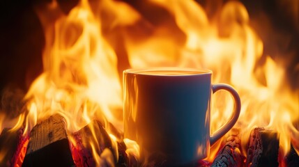 Poster - A hot coffee mug sitting atop burning firewood, with intense flames flickering and warming the chilly night air.