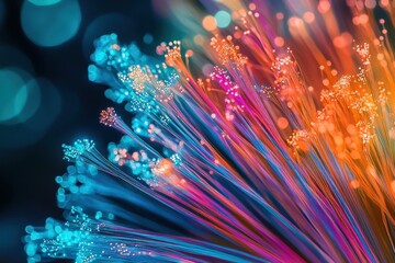 Poster - Abstract image of colorful fiber optics creating a vibrant and futuristic visual effect, perfect for technology and innovation concepts with a bokeh background.