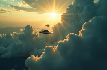 Aufkleber - Unidentified flying objects soar through clouds at sunrise in stunning detail