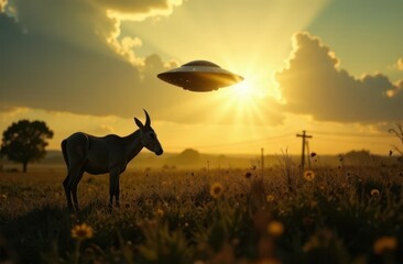 Aufkleber - Mysterious UFO hovering over a serene landscape at sunset