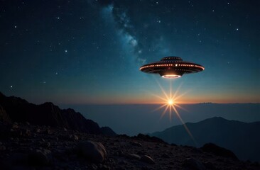 Aufkleber - UFO hovering above a mountain landscape at dusk with a starry sky