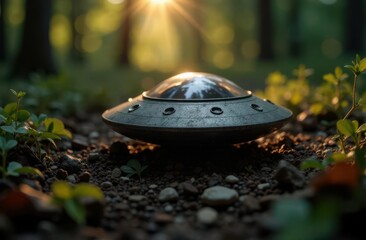 Aufkleber - UFO spotted in serene forest during sunset captured with advanced technology