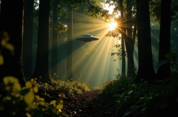Aufkleber - UFO appears during golden hour in serene forest setting