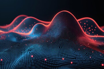 Poster - Abstract futuristic background with red and blue glowing particle waves, creating a dynamic and modern technological aesthetic, perfect for presentations and websites.