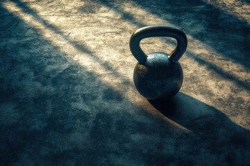Aufkleber - Kettlebell positioned in dynamic light on textured gym floor with ample space for text Generative AI