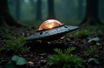 Aufkleber - Mysterious UFO hovering above forest floor under soft, glowing light