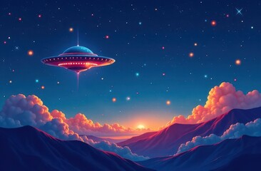 Aufkleber - Bright UFO hovering over majestic mountains at sunset in a serene landscape