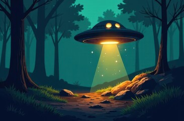 Aufkleber - Mysterious UFO descends in a forest clearing at twilight