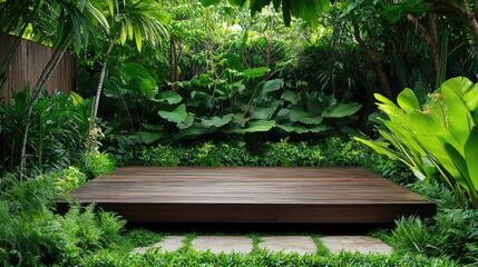 Aufkleber - A peaceful garden with a wooden platform as a focal point, surrounded by green foliage, offering a serene and calming environment.